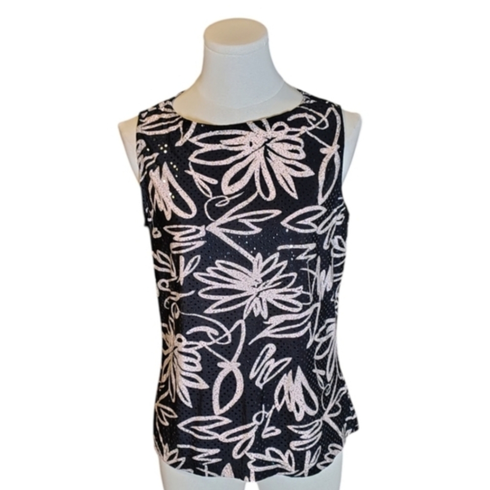 George Sequined Floral Shiny Modern Black Cream Sleeveless Blouse Size Medium